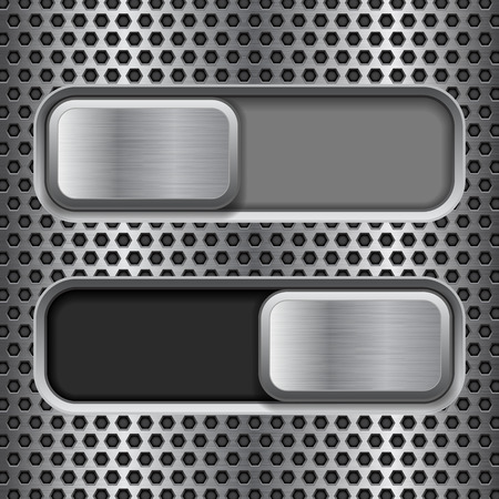 On and Off square slider buttons. Metal switch interface buttons on perforated background Vector illustration.のイラスト素材