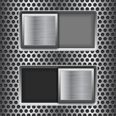 On and Off square slider buttons. Metal switch interface buttons on perforated backgroundのイラスト素材