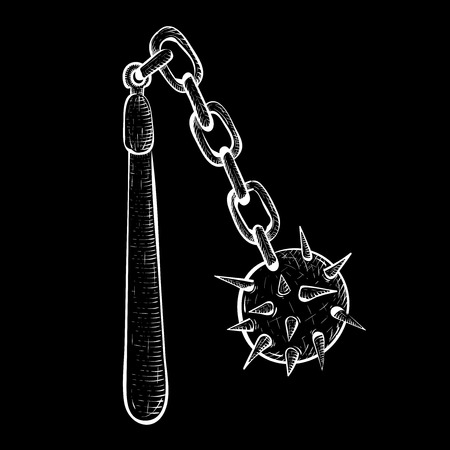 Flail. Medieval weapon - spiked metal ball with chain and wooden handle. White sketch on black backgroundのイラスト素材
