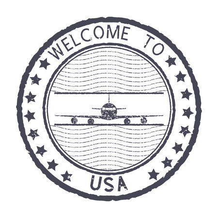 Welcome to USA. Gray round stamp with aircraft symbol and starsのイラスト素材
