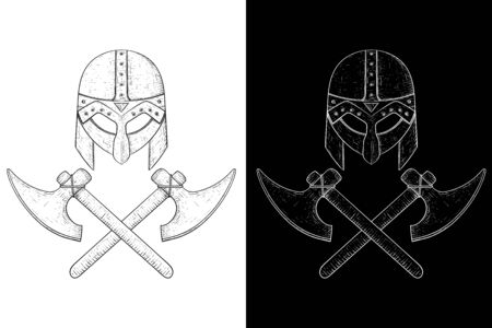 Viking helmet and crossed axes. Hand drawn sketch. Vector illustrationのイラスト素材