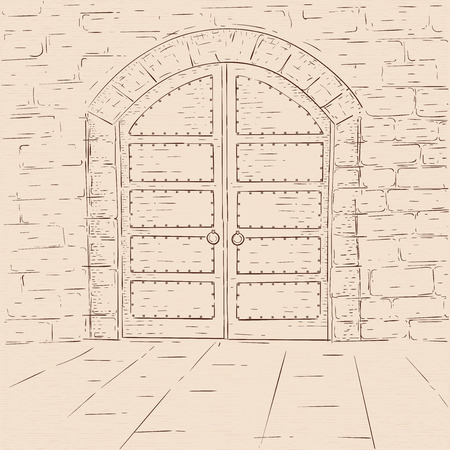 Old castle doors. Hand drawn sketch on beige backgroundのイラスト素材