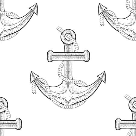 Anchor with rope. Seamless pattern. Hand drawn outline sketchのイラスト素材