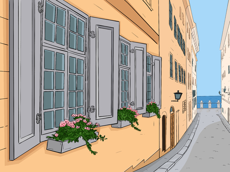 Narrow city street with flowers in window boxes. Colored sketchのイラスト素材
