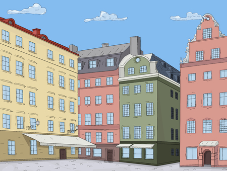 Old city view. Colored houses. Stortorget square in Stockholm. Vector illustrationのイラスト素材
