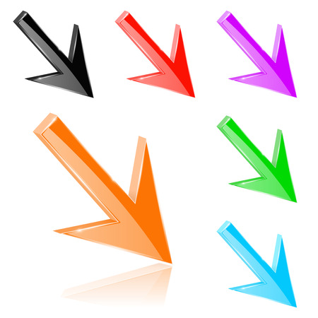 Colored down 3d arrows. Shiny bright signs. Vector illustration isolated on white backgroundのイラスト素材