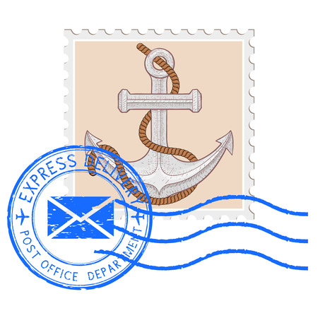 Postal stamp with anchor and blue round postmark. Vector illustration isolated on white backgroundのイラスト素材