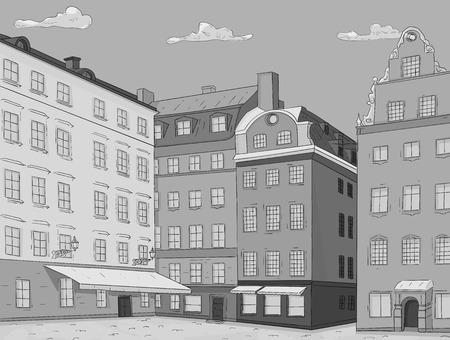 Stortorget square in old city of Stockholm. Hand drawn sketch. Grayscale vector illustrationのイラスト素材