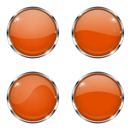 Orange round buttons with chrome frame with reflection. Vector 3d illustration isolated on white backgroundのイラスト素材