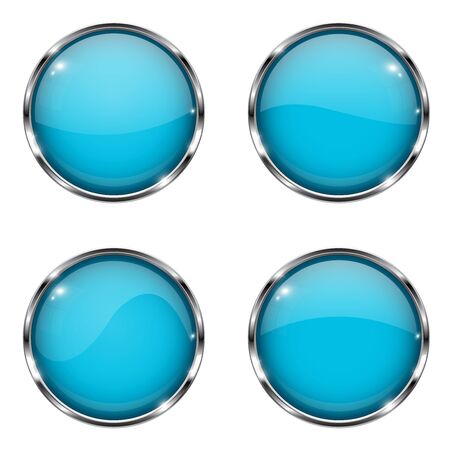 Glass blue buttons. Round 3d buttons with chrome frame. Vector illustration isolated on white backgroundのイラスト素材
