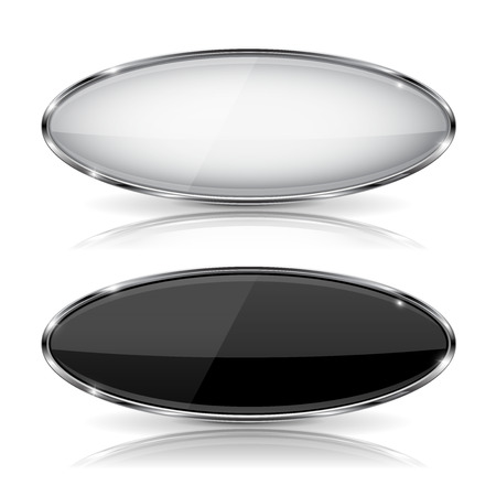 Oval black and white glass with metal frame. With reflection. Vector 3d illustration isolated on white backgroundのイラスト素材