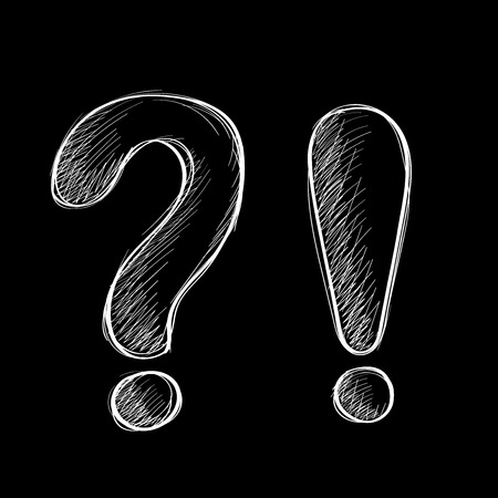 Question and exclamation marks. Hand drawn sketch. White chalk signs on black background. Vector illustrationのイラスト素材