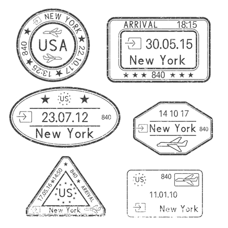 Passport stamps. Arrival to New York, USA. Black set of ink stampsのイラスト素材