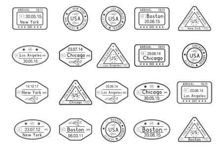 Passport stamps. Arrival to USA cities. Black set of ink stampsのイラスト素材