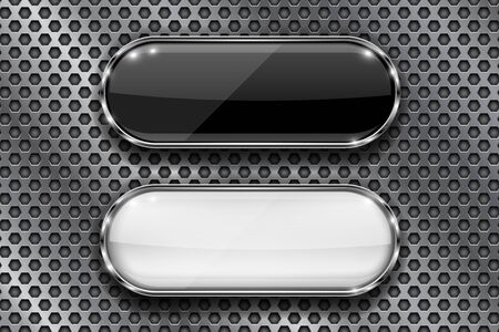 Black and white buttons on perforated background. Oval glass 3d icons with metal frameのイラスト素材