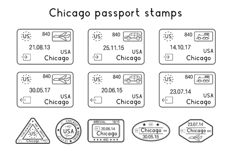 Passport stamps. Chicago, USA. Arrival and departure by car, train, plane. Set of black stamps. Vector illustration isolated on white backgroundのイラスト素材
