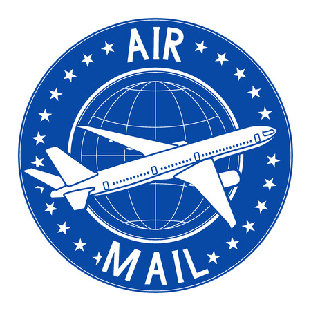 Air mail blue postal sticker or emblem. Vector illustration isolated on white backgroundのイラスト素材