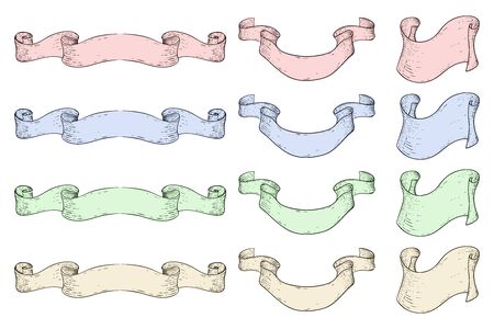 Ribbon banner scrolls. Hand drawn colored sketch. Vector illustration isolated on white backgroundのイラスト素材