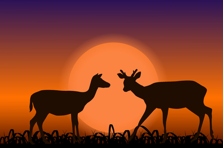 Sika deer with horns. Black silhouettes in sunset. African landscape. Vector illustrationのイラスト素材