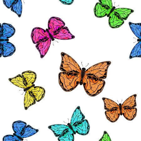 Butterflies in colored seamless pattern background.のイラスト素材