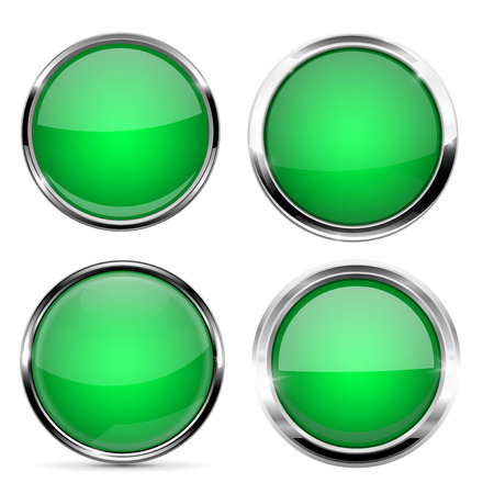 Glass buttons. Green round 3d buttons with chrome frame. Vector illustration isolated on white backgroundのイラスト素材