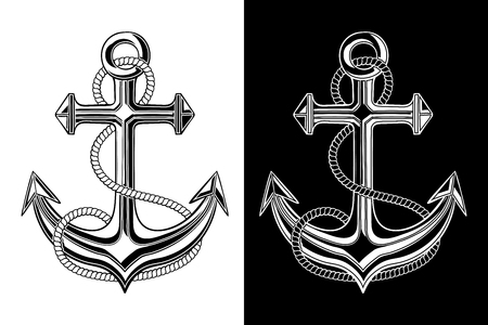 Anchor with rope in black and white illustration.のイラスト素材