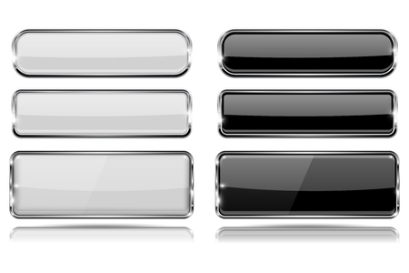 Black and white glass buttons with metal frame. Set of 3d iconsのイラスト素材