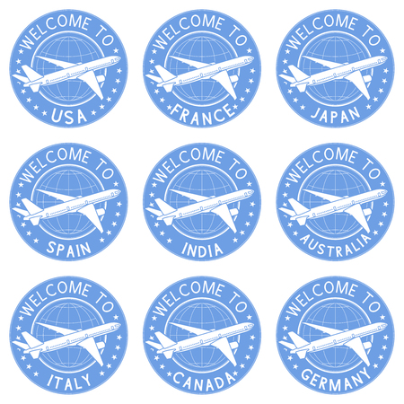 Blue tourist stamps. Welcome signs with airplane. Vector illustration isolated on white backgroundのイラスト素材