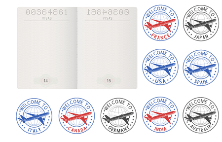 Blank passport pages and decorative travel stampsのイラスト素材