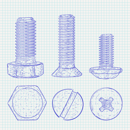 Bolts. Hand drawn blue sketch on lined paper backgroundのイラスト素材