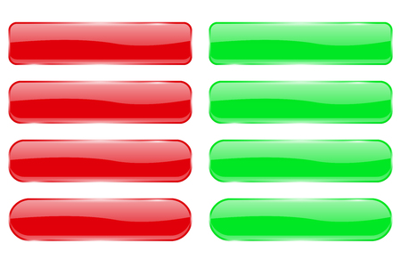 Red and green glass buttons. Shiny rectangle 3d icons with reflectionのイラスト素材