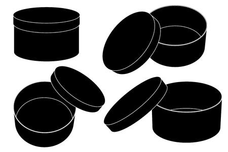 Round gift box. Open and closed set. Flat black drawing. Vector illustration isolated on white backgroundのイラスト素材