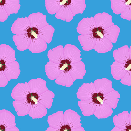 Hibiscus. Pink floral seamless pattern on blue background. Vector illustrationのイラスト素材