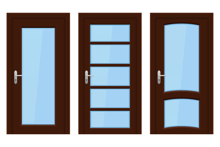 Interior doors. Brown wooden set of designs with glass elements. Vector illustration isolated on white backgroundのイラスト素材