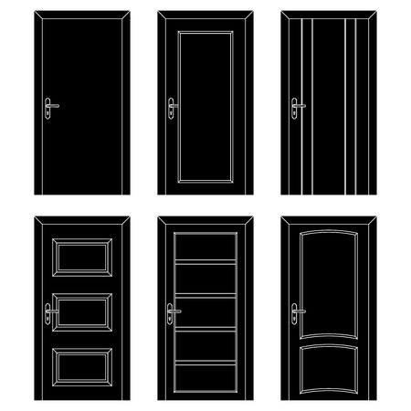 Interior doors. Black flat set of designs. Vector illustration isolated on white backgroundのイラスト素材