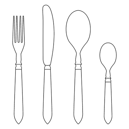 Cutlery set - fork, knife, table spoon, tea spoon. Outline drawing. Vector illustration isolated on white backgroundのイラスト素材