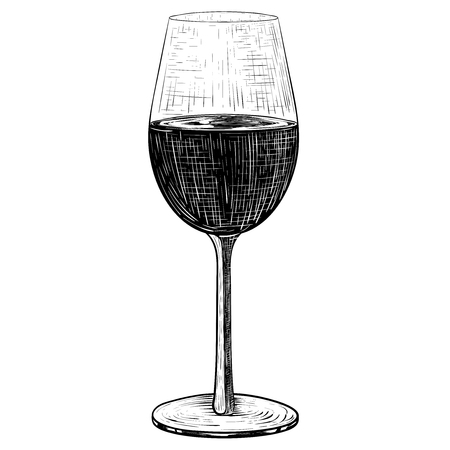 Glass of red wine. Black and white hand drawn sketch. Vector illustration isolated on white backgroundのイラスト素材