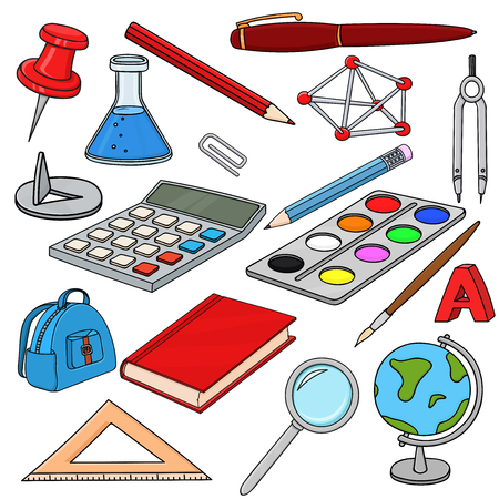 School doodle. Colored set of stationery tools. Vector illustration isolated on white backgroundのイラスト素材