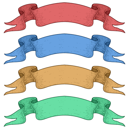 Colored award ribbon banners for titles. Hand drawn sketch. Vector illustration isolated on white backgroundのイラスト素材