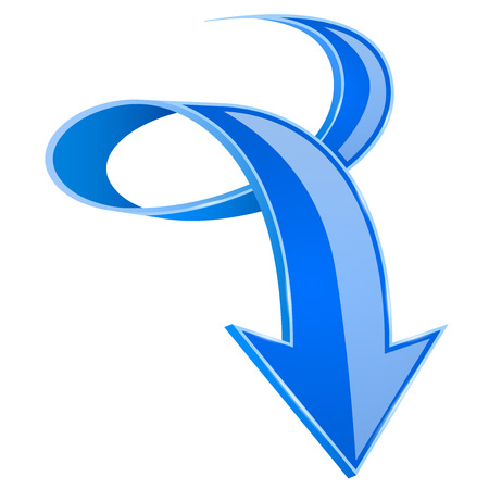 Blue DOWN arrow. 3d curled up sign. Vector illustration isolated on white backgroundのイラスト素材
