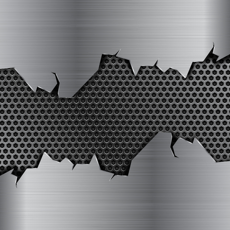 Metal background with torn edges and perforation. Vector 3d illustrationのイラスト素材