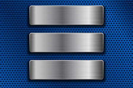 Steel plates on blue metal perforated background. Vector 3d illustrationのイラスト素材
