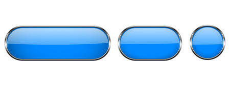 Blue glass buttons with chrome frame. 3d icons. Vector illustration isolated on white backgroundのイラスト素材