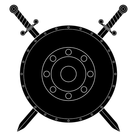 Round shield with swords. Black flat icon. Vector illustration isolated on white backgroundのイラスト素材