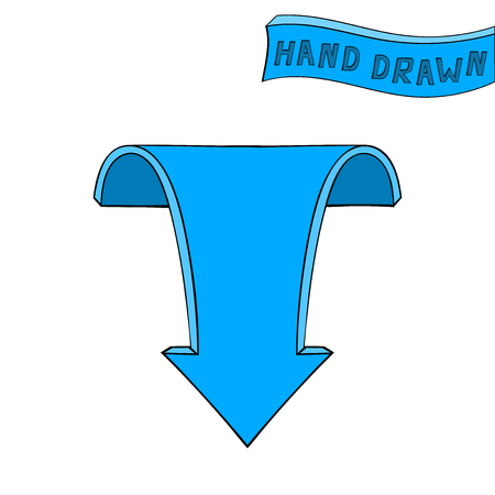 Blue arrow. Down sign. Hand drawn sketch. Vector illustration isolated on white backgroundのイラスト素材
