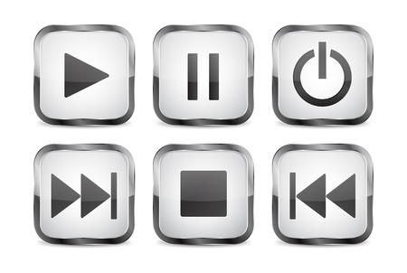 Web square 3d buttons. Glass icons with chrome frame. Vector illustration isolated on white backgroundのイラスト素材