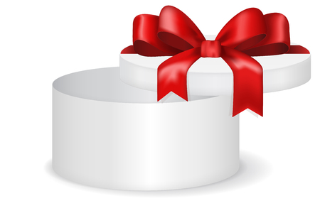 White round gift box with red ribbon bow. Vector 3d illustration isolated on white backgroundのイラスト素材