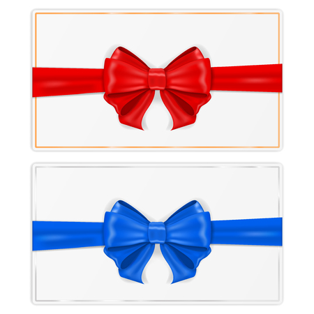 Greeting cards wrapped with ribbon. With red and blue silk bows. Vector 3d illustrationのイラスト素材