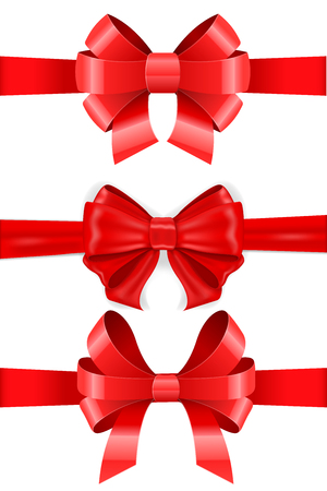 Red ribbon bows. Set. Vector 3d illustration isolated on white backgroundのイラスト素材