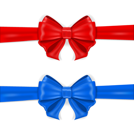 Red and blue ribbon bows. Vector 3d illustration isolated on white backgroundのイラスト素材